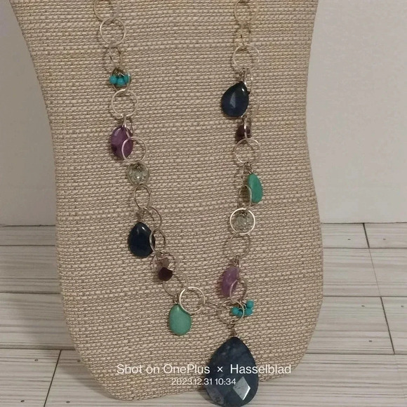 LOFT Silver Tone Link Blue Mix Beads Necklace 26" - Picture 1 of 9